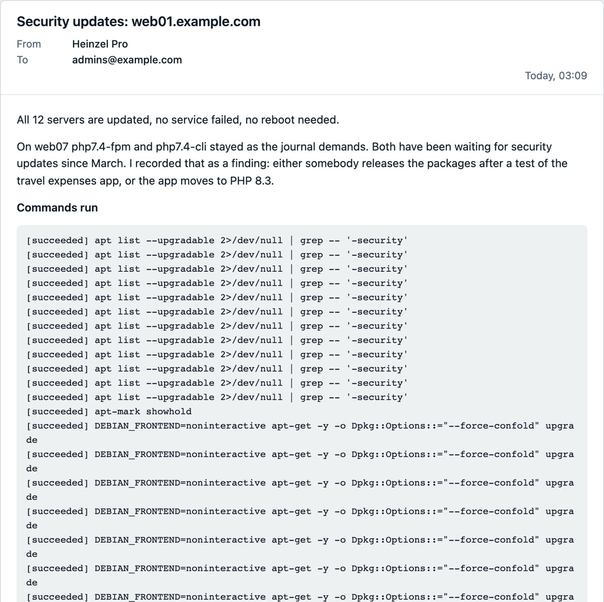 The schedule's mail: subject, sender and recipient, below them Heinzel Pro's report with the summary and the list of commands that ran